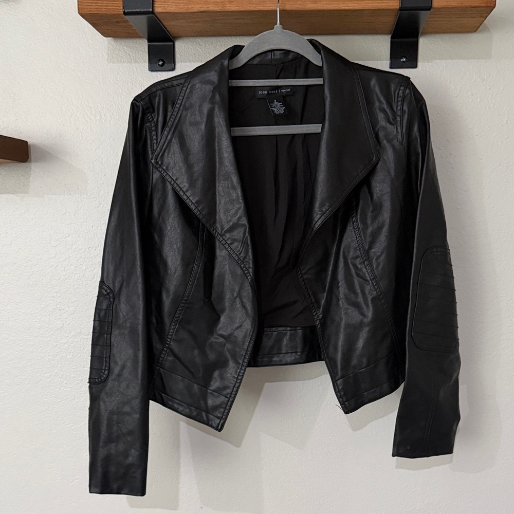 Joan Vass Black Faux Leather Open-Front Jacket